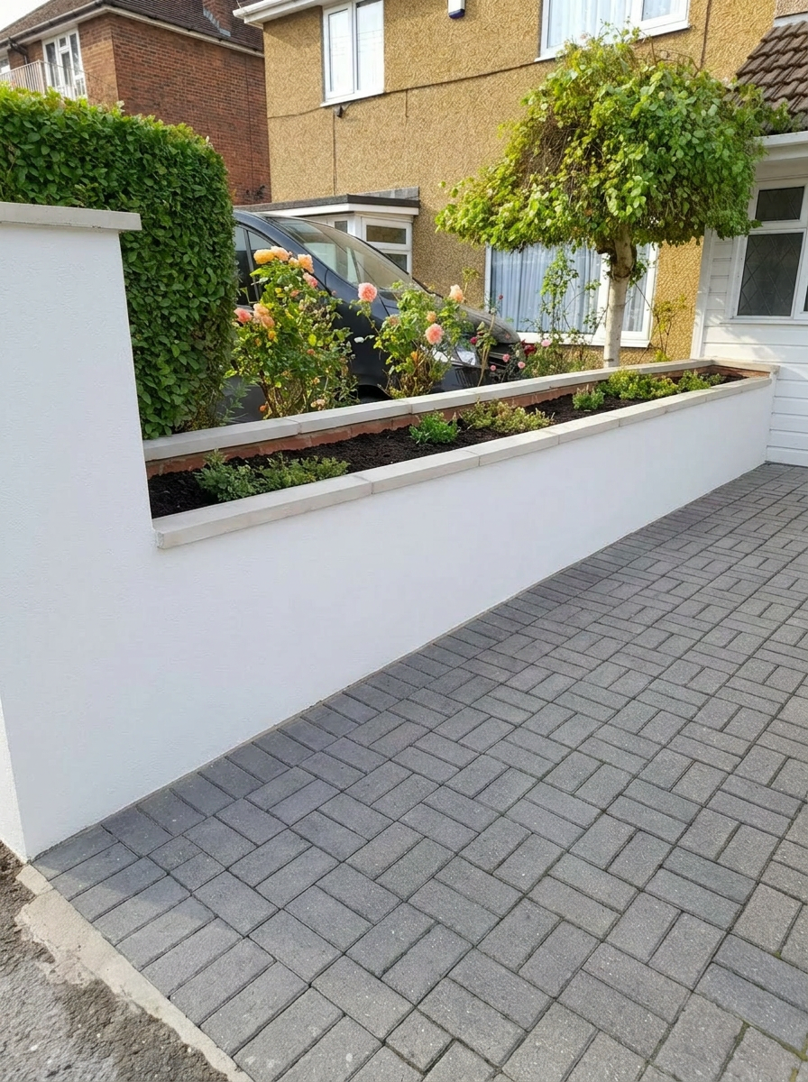 Driveway wall — restored brickwork with fresh planter bed
