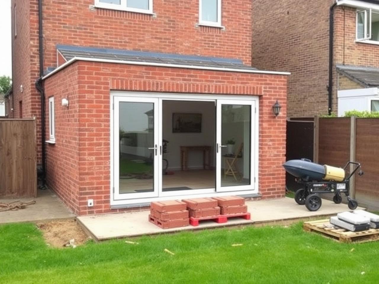 Small single-storey rear extension under construction on a UK terraced house.
