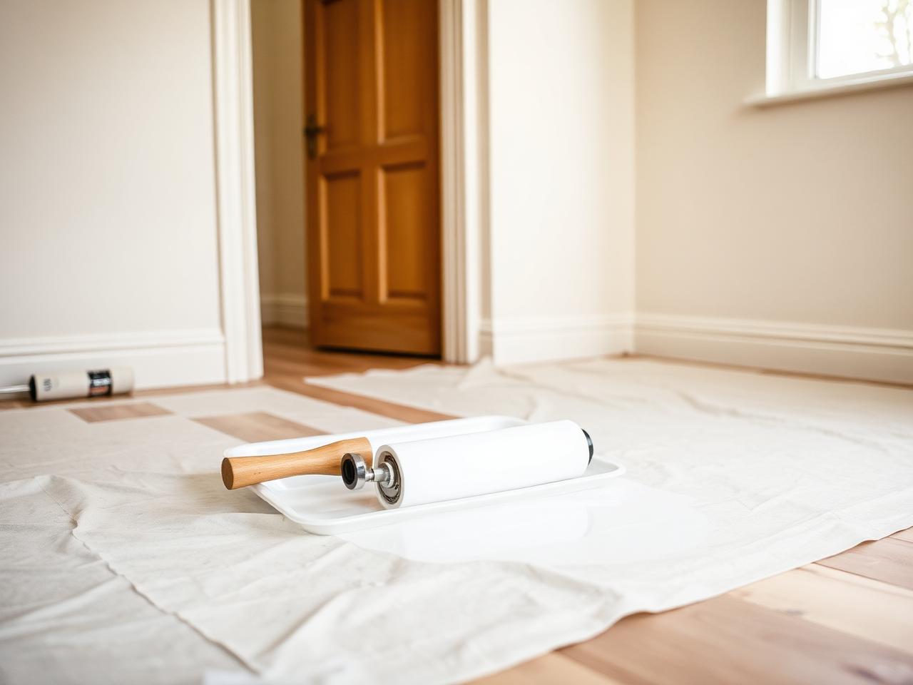 Painting and decorating in progress in a UK home with roller, tray and dust sheets.